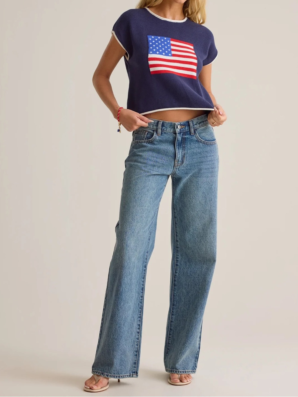 🟠NWT DOUBLE ZERO Cropped Rolled-Hem American Flag Sweater in Red/White/Blue